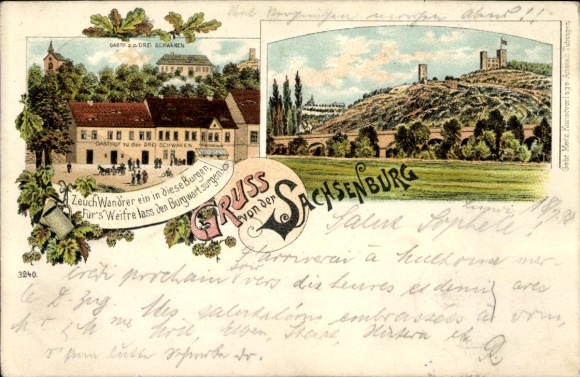 Litho Sachsenburg im Kyffhäuserkreis Thüringen, Sachsenburg, Gasthof zu den Drei Schwänen