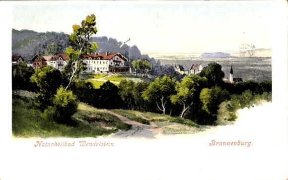 Postcard Brannenburg in Upper Bavaria, natural spa Wendelstein, hilly landscape, buildings and trees