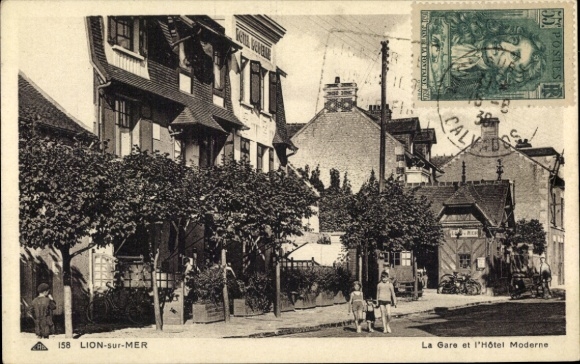 Postcard Lion sur Mer Calvados, train station and modern hotel