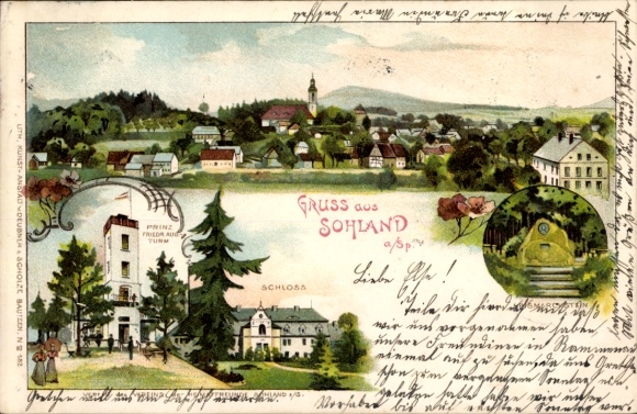 Litho Sohland an der Spree Lausitz, Panorama, Schloss, Prinz Friedrich August Turm, Bismarckstein