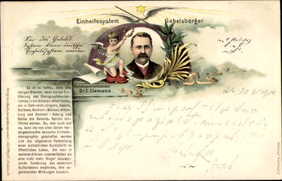 Litho-eenheidssysteem Gabelsberger, stenografie, federaal voorzitter Dr. E. Clemens, engel, ster