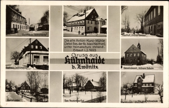 Postcard Kühnhaide Marienberg in the Ore Mountains, Gasthof Grüner Garten, municipal office, manor house, school