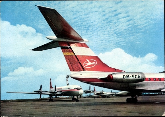 Postcard turbine air jet airliner Tupolev Tu 134 of Interflug, DM SCA, airport