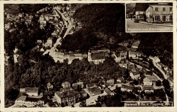 Postcard Tharandt in the Ore Mountains, aerial photograph, Gasthaus Erblehngericht