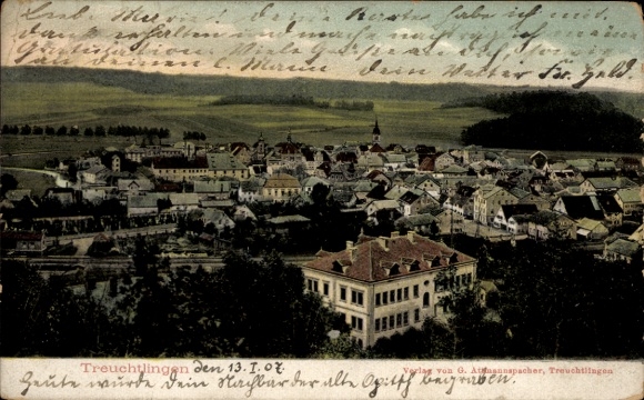 Ak Treuchtlingen im Altmühltal Mittelfranken, Stadtansicht von  hügelige Landschaft, historisc...