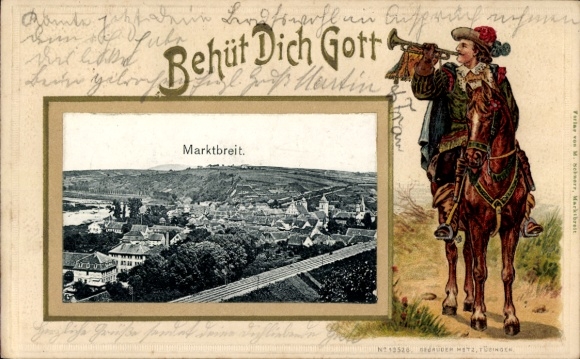 Embossed passepartout PC Marktbreit in Lower Franconia, general view, trumpeter from Säckingen
