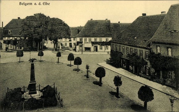 Postcard Belgern on the Elbe Saxony, partial view, war memorial