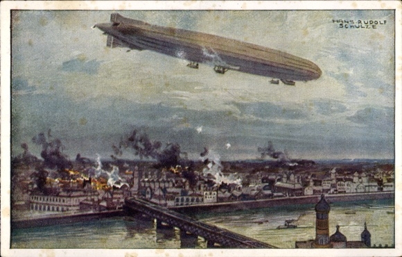 Artist Postcard Schulze, Hans Rudolf, Zeppelin, airship Schütte Lanz, bombing Warsaw, I. WK