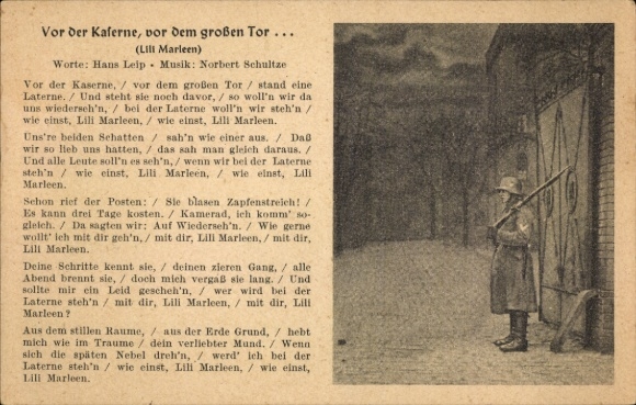 Song Postcard Before the barracks, before the big gate, Lili Marleen, Hans Leip, Norbert Schultze