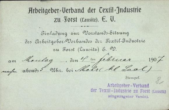 Postcard Forst in Lusatia, Employers' Association of the Textile Industry, Board Meeting 1907