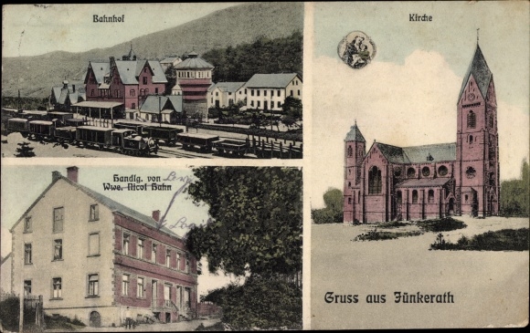 Postcard Jünkerath in the Eifel, railway station track side, water tower, church, action
