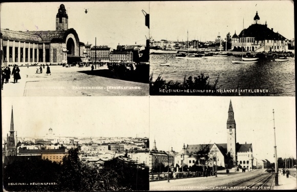 Postcard Helsinki Helsingfors Finland, Bahnhof, Nylanska Jaktklubben, National Museum, Panorama