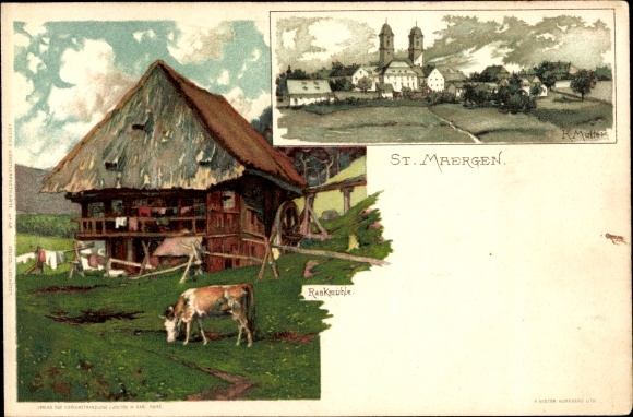 Artysta lito matka, K., St. Märgen BW, działka w Rankmühle, pasąca się krowa, dom Schwarzwaldu