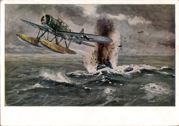 Artist Postcard Matejko, Theo, Arado Ar 196 aircraft sinks enemy submarine, WWII