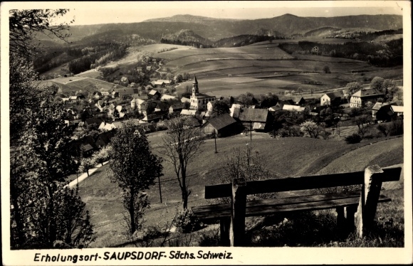 Ansichtkaart Saupsdorf Sebnitz Saksisch Zwitserland, stadszicht met kerk