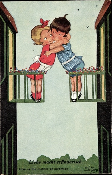 Artist Postcard Spark, Chicky, Love is the mother of invention, Lovers, Embracing on the balcony