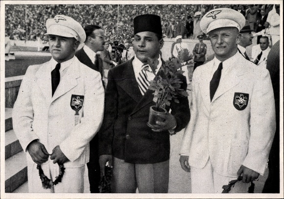 Collection picture Olympia 1936, award ceremony, weightlifters Toouni, Ismayr, Wagner