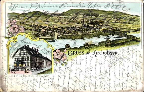 Litho Kirchohsen Emmerthal Niedersachsen, Gesamtansicht, Gasthof Krone