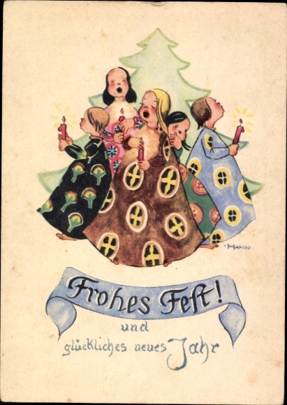 Artist Postcard Happy New Year, singing children