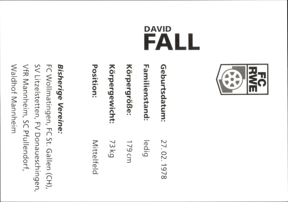 Autograph card footballer David Fall, FC Rot-Weiß Erfurt, autograph