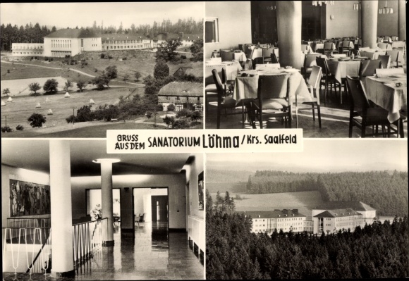 Postcard Löhmaleuteberg Thüringen, sanatorium, exterior view, dining room, staircase
