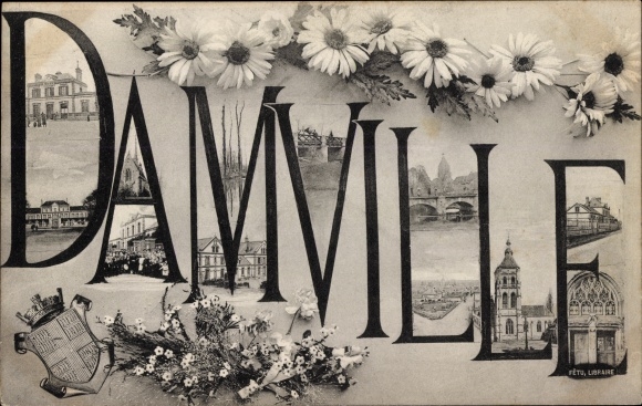 Letters Postcard Damville Eure, partial views, coat of arms