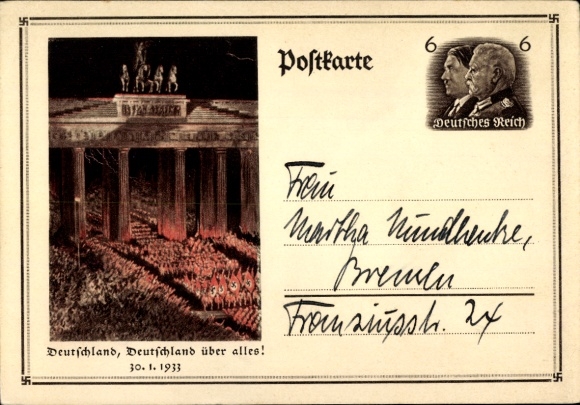 Ganzsachen Ak Berlin, Deutschland über alles, Aufmarsch 30. Januar 1933, Brandenburger Tor