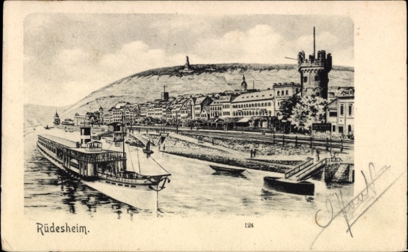 Rüdesheim am Rhein, ship on the water, waterfront promenade, buildings, mountain in the background