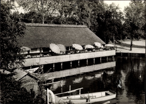 Postcard Güster in Lauenburg, camping site on Prüss Lake, terrace, rowing boat