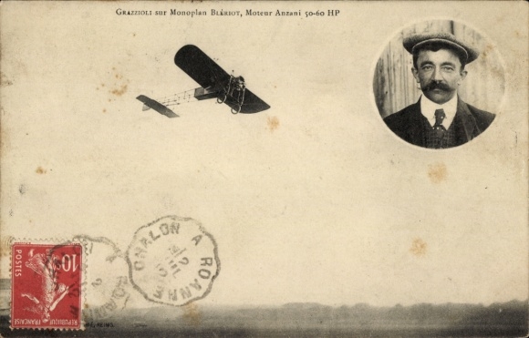 Postcard Grazzioli sur Monplan Bleriot, Moteur Anzani, aviation pioneer