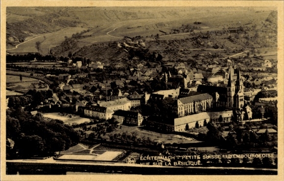 Postcard Echternach Luxembourg, aerial view of basilica, green landscape, architecture