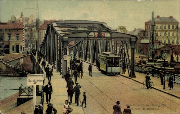 Ak Geestemünde Bremerhaven, neue Geestebrücke, Straßenbahn