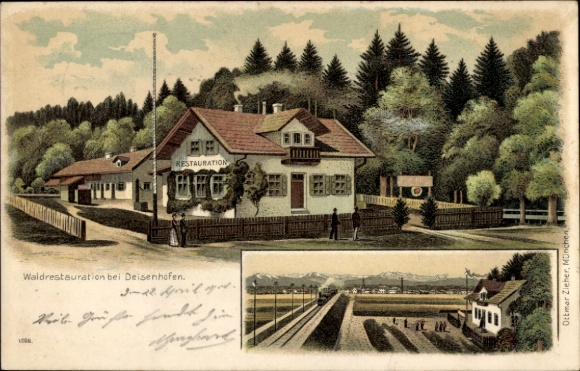 Chromo-Litho Deisenhofen Oberhaching Upper Bavaria, forest restoration, train station