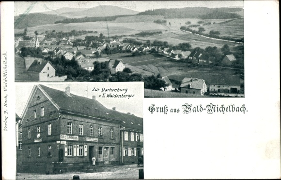 Postcard Wald Michelbach in the Odenwald Hesse, Gasthof zur Starkenburg, owner E. Waldenberger, panorama