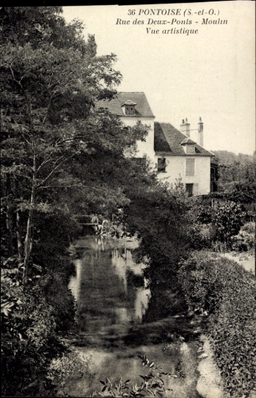 Ak Pontoise Val d'Oise, Künstlerische Ansicht, Rue des Deux-Ponts, Moulin, Wasserlauf, Bäume
