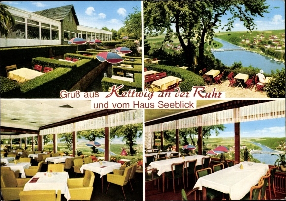 Postcard Kettwig Essen in the Ruhr area, restaurant Haus Seeblick, terrace, interiors