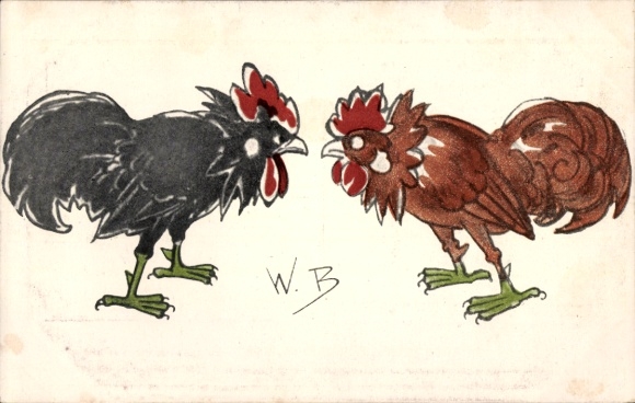 Artist Postcard Busch, Wilhelm, Two Fighting Cocks, Fighting Cocks