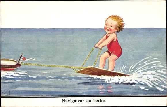 Artist Postcard Wills, John, child in swimsuit on a board, water skiing