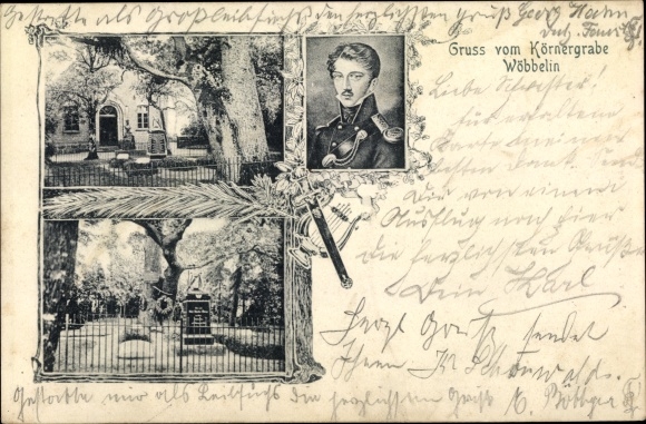Postcard Wöbbelin in Mecklenburg, Theodor Körner, portrait, burial site