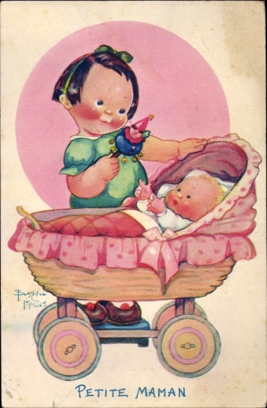 Artist Postcard Mallet, Beatrice, Petite Maman, girl with rattle, baby