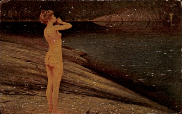 Postcard Ort Kochel am See Upper Bavaria, nude of a young woman on the shore of a lake, in the background mountains