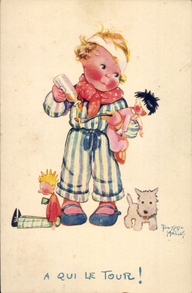 Artist Postcard Mallet, Beatrice, child with dolls, dog, cough syrup,Comite National de l'Enfance