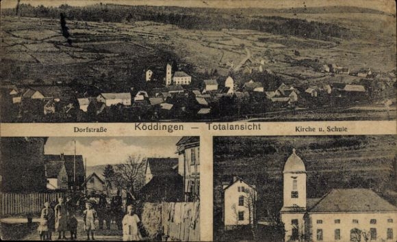 Postcard Köddingen Feldatal in Hesse, church, school, village street