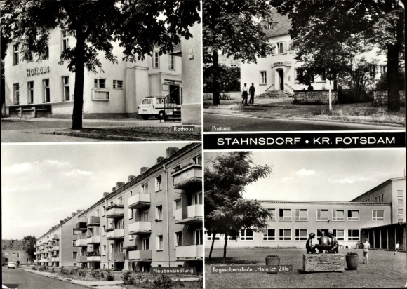 Postcard Stahnsdorf in Brandenburg, post office, town hall, new housing estate, day school Heinrich Zille