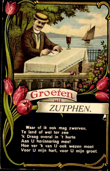 Poem Passepartout Postcard Zutphen Gelderland, Greetings from, Man writes a letter