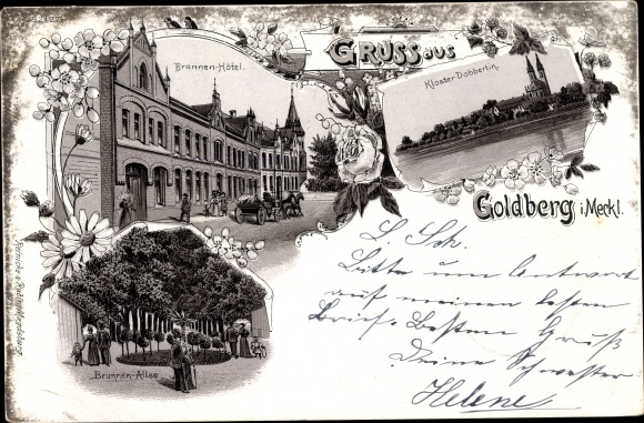 Chromo-Litho Goldberg Mecklenburg Western Pomerania, Brunnen Hotel, Dobertin Monastery, Brunnen Allee