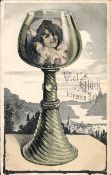 PC Happy New Year, wine glass, woman portrait