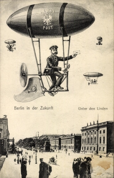 Future Postcard Berlin Mitte, Unter den Linden, Reichspost Balloon, Postman, Photomontage