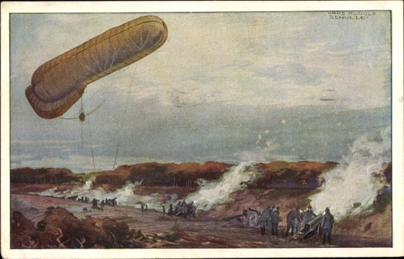 Artist Postcard Schulze, Hans Rudolf, Tethered Balloon of the German Air Fleet in World War I, Artillery