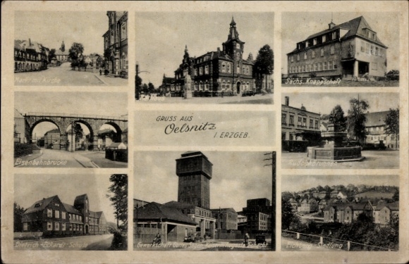 Ak Oelsnitz im Erzgebirge, Eisenbahnbrücke, Stadtansichten